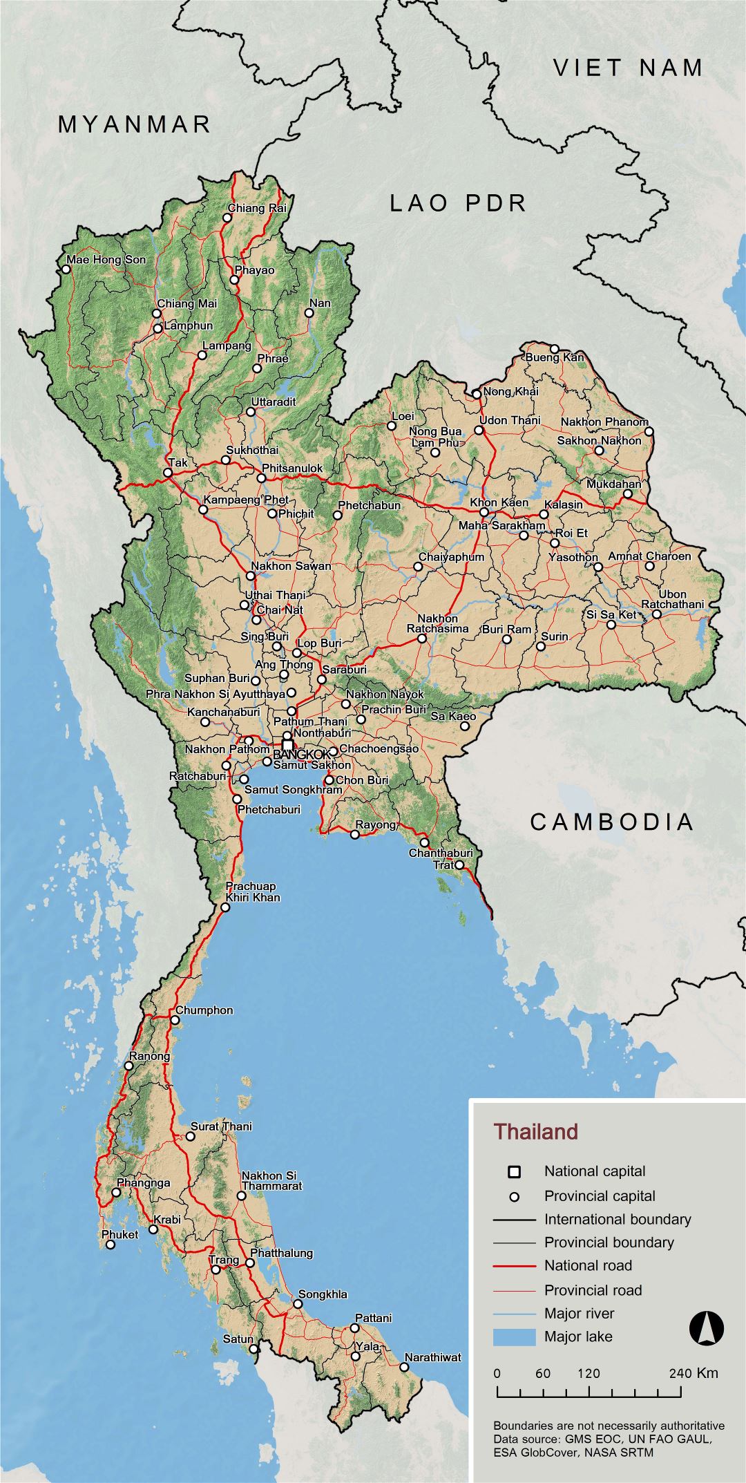 A gran escala mapa general de Tailandia