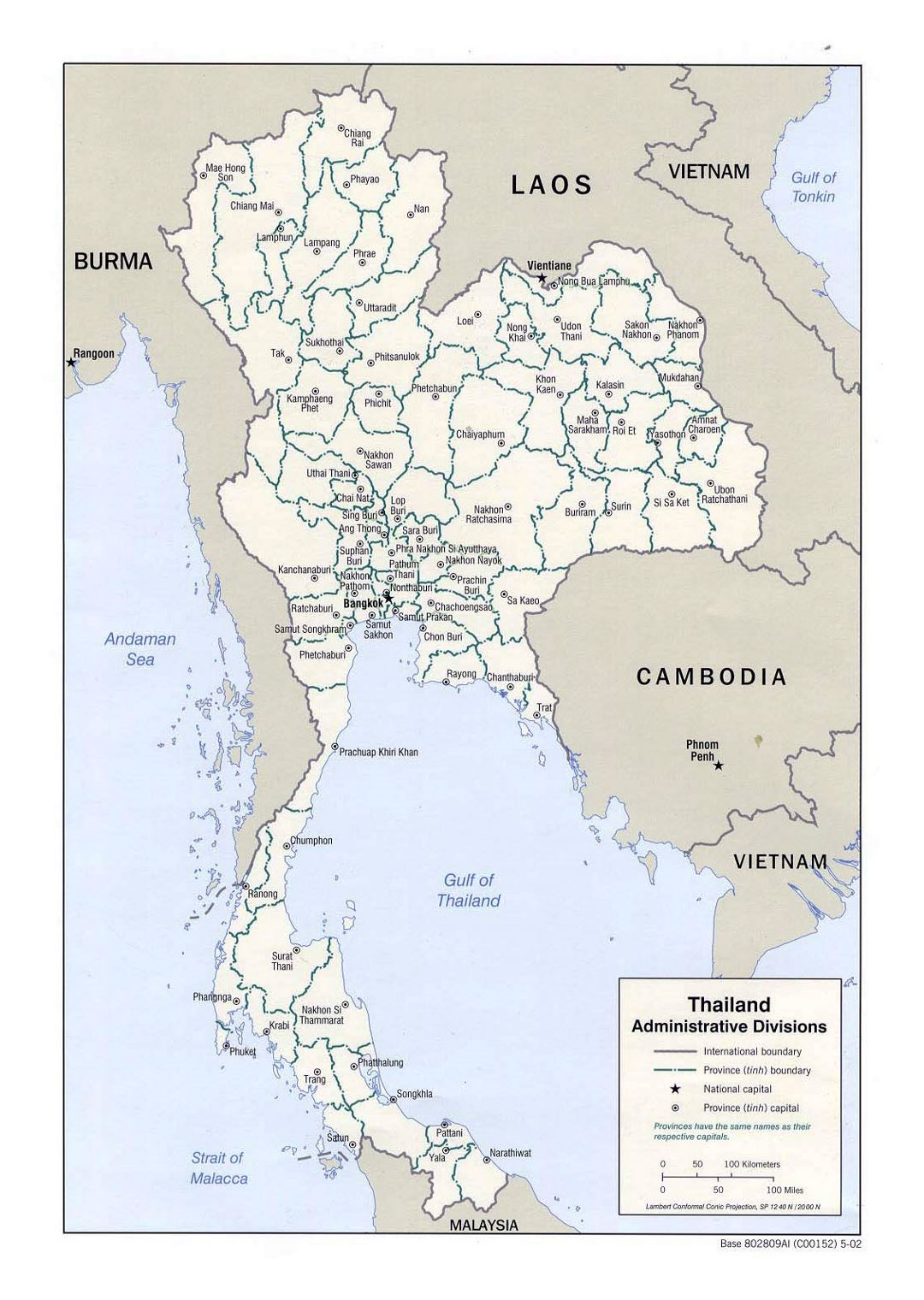 Detallado mapa de administrativas divisiones de Tailandia - 2002