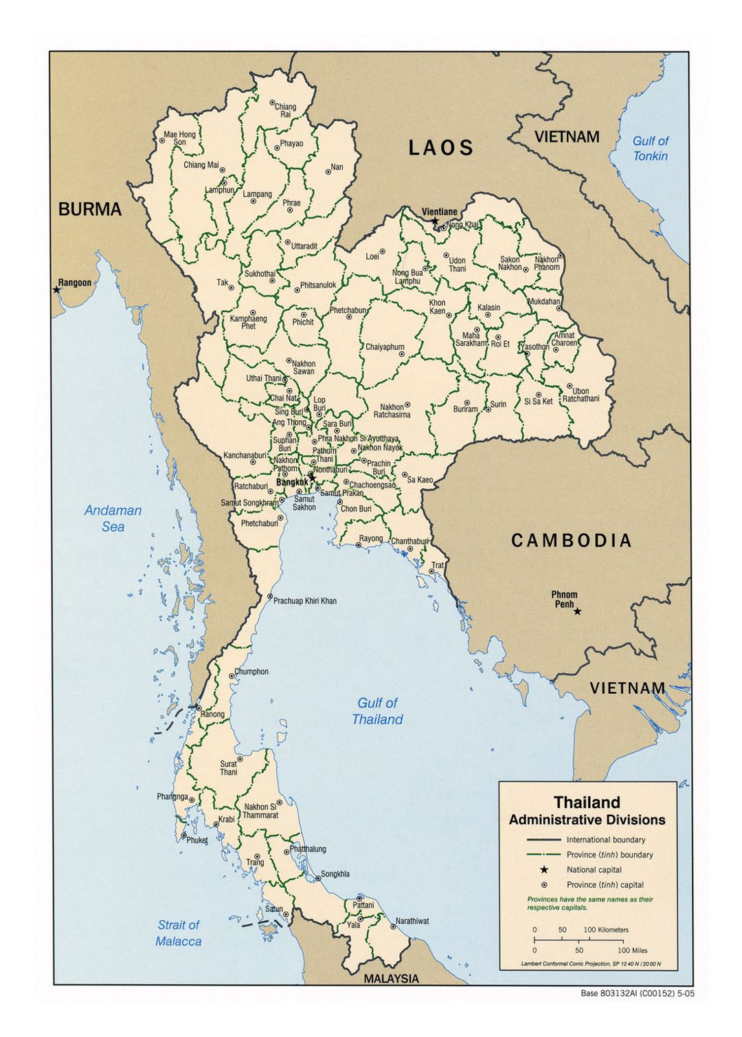 Detallado mapa de administrativas divisiones de Tailandia - 2005