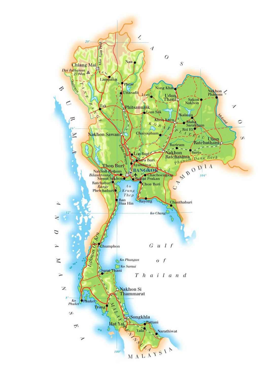 Detallado mapa de elevación de Tailandia con carreteras, ferrocarriles, principales ciudades y aeropuertos