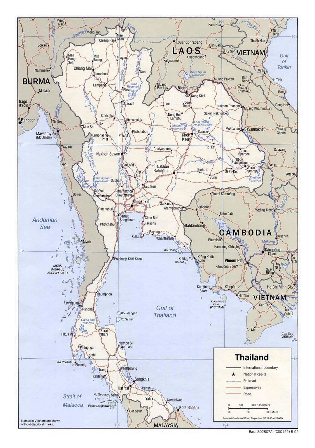 Detallado mapa político de Tailandia con carreteras, railorads y grandes ciudades - 2002