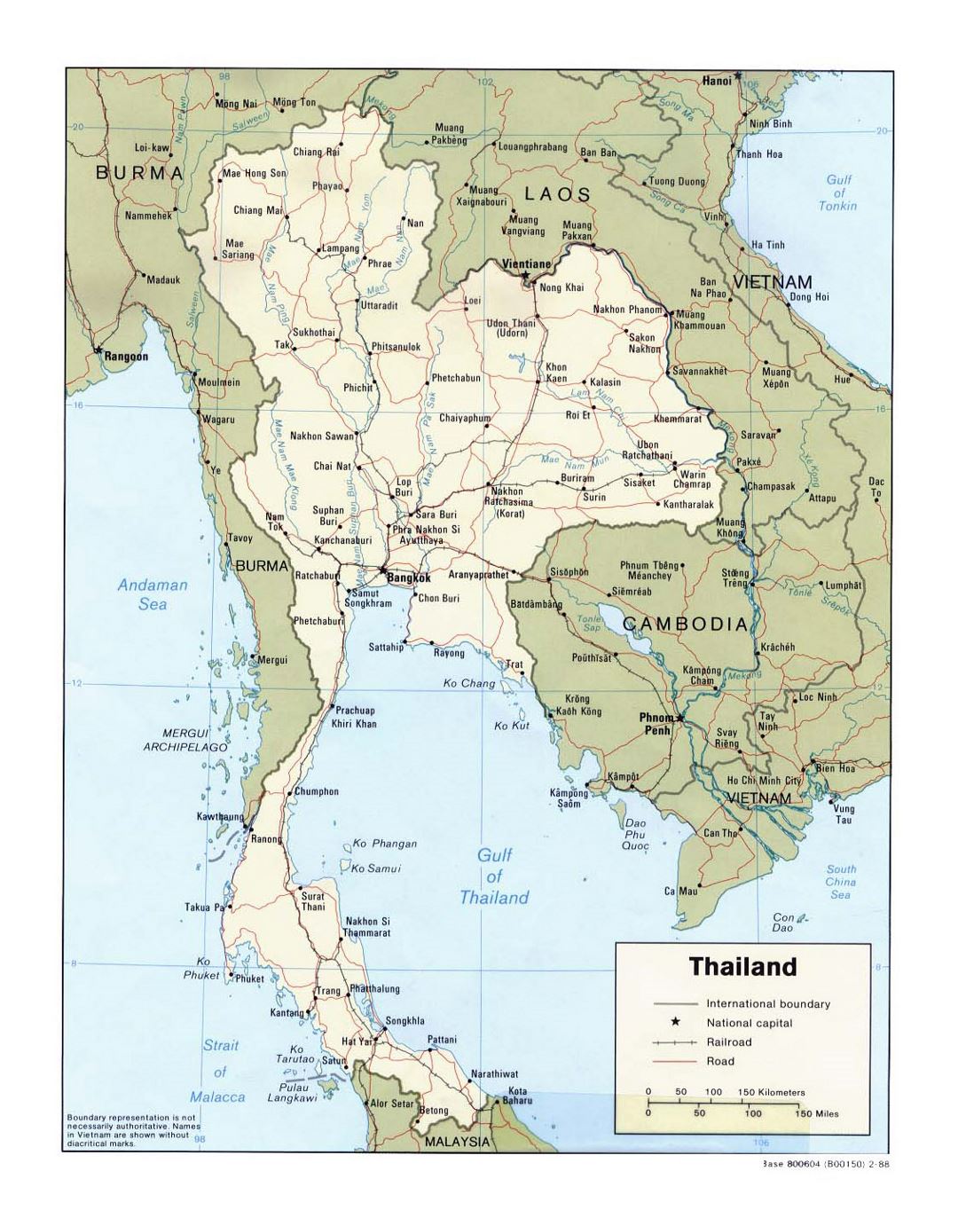 Detallado mapa político de Tailandia con carreteras, railorads y principales ciudades - 1988