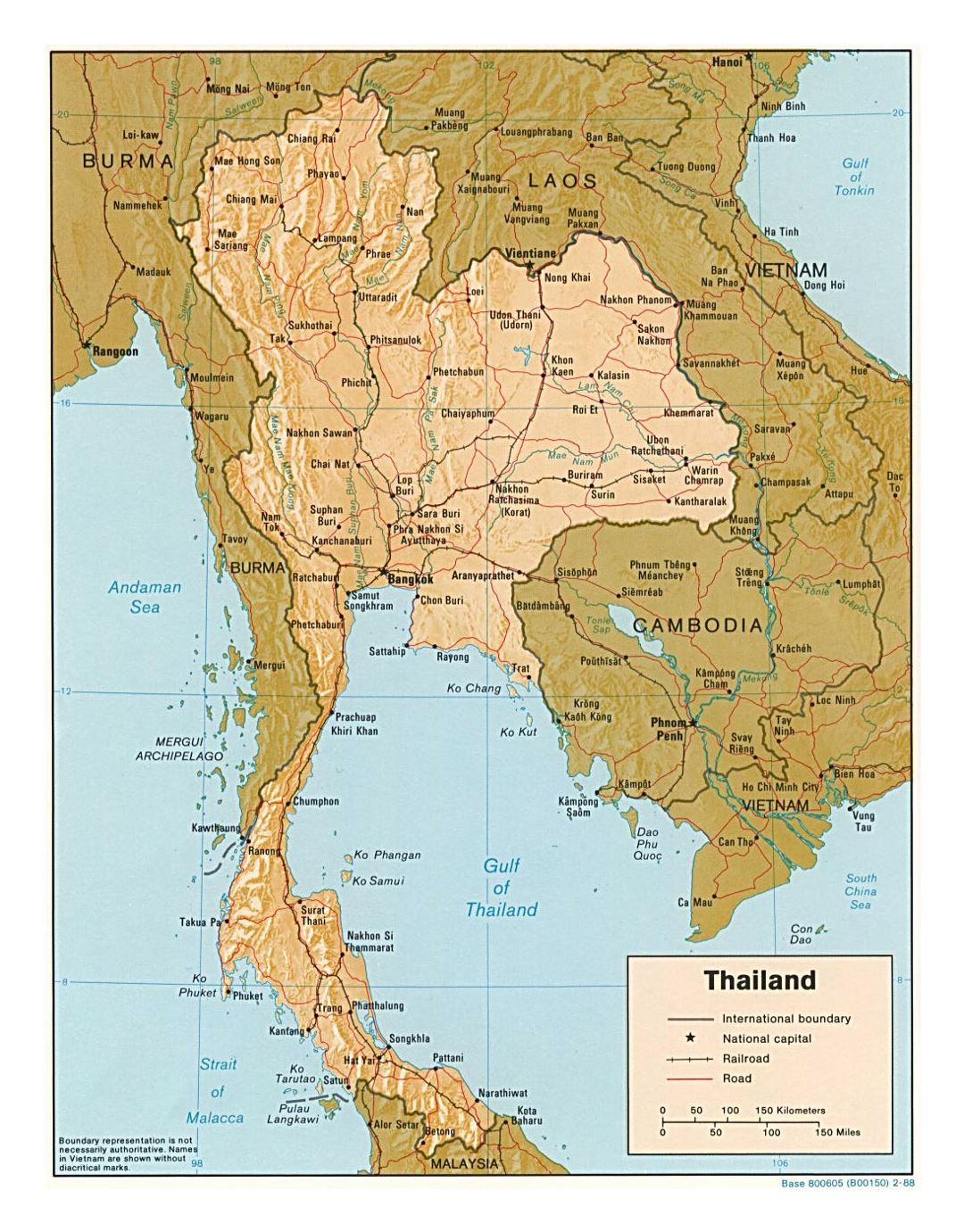 Detallado mapa político de Tailandia con relieve, carreteras, railorads y principales ciudades - 1988