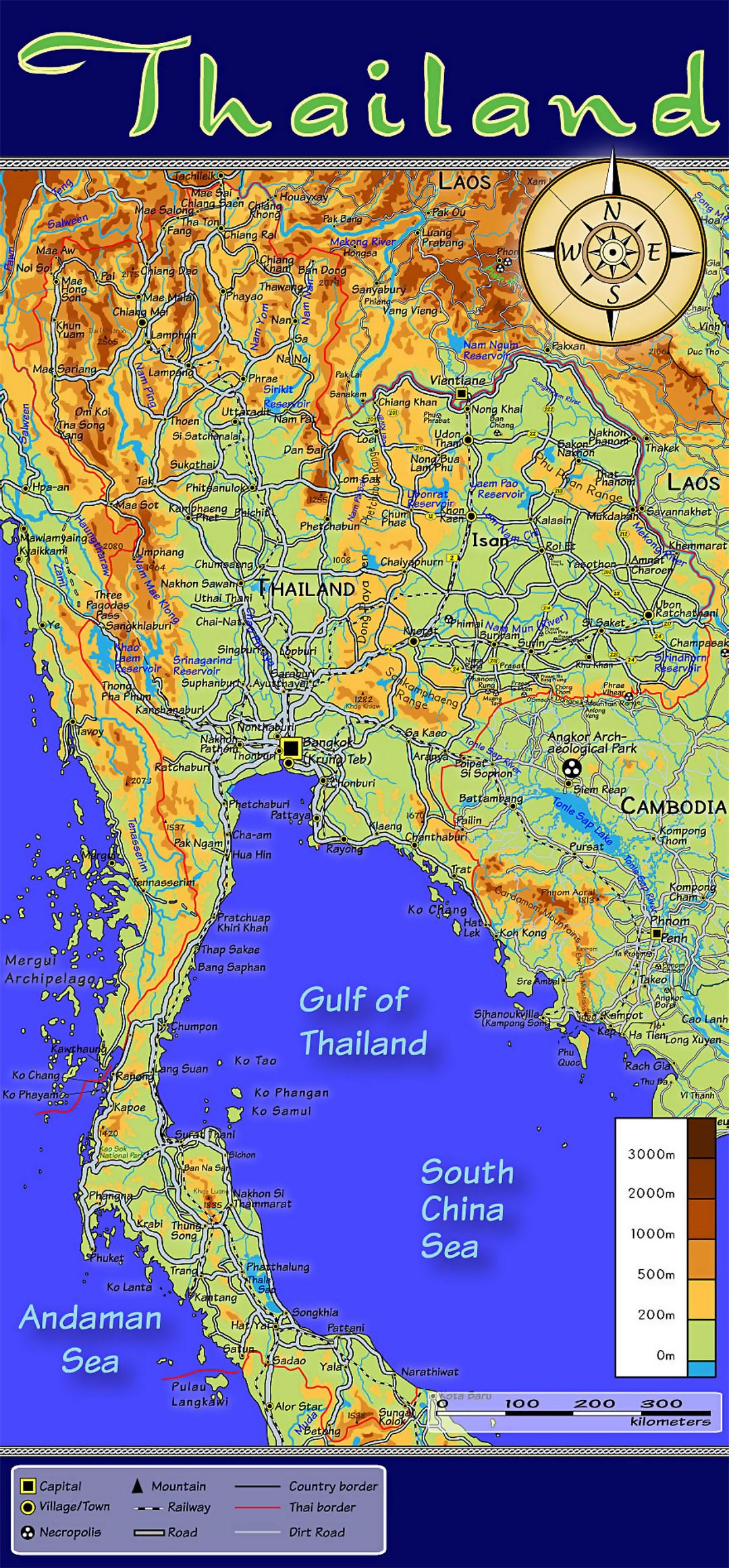 Detallado mapa topográfico de Tailandia con otras marcas