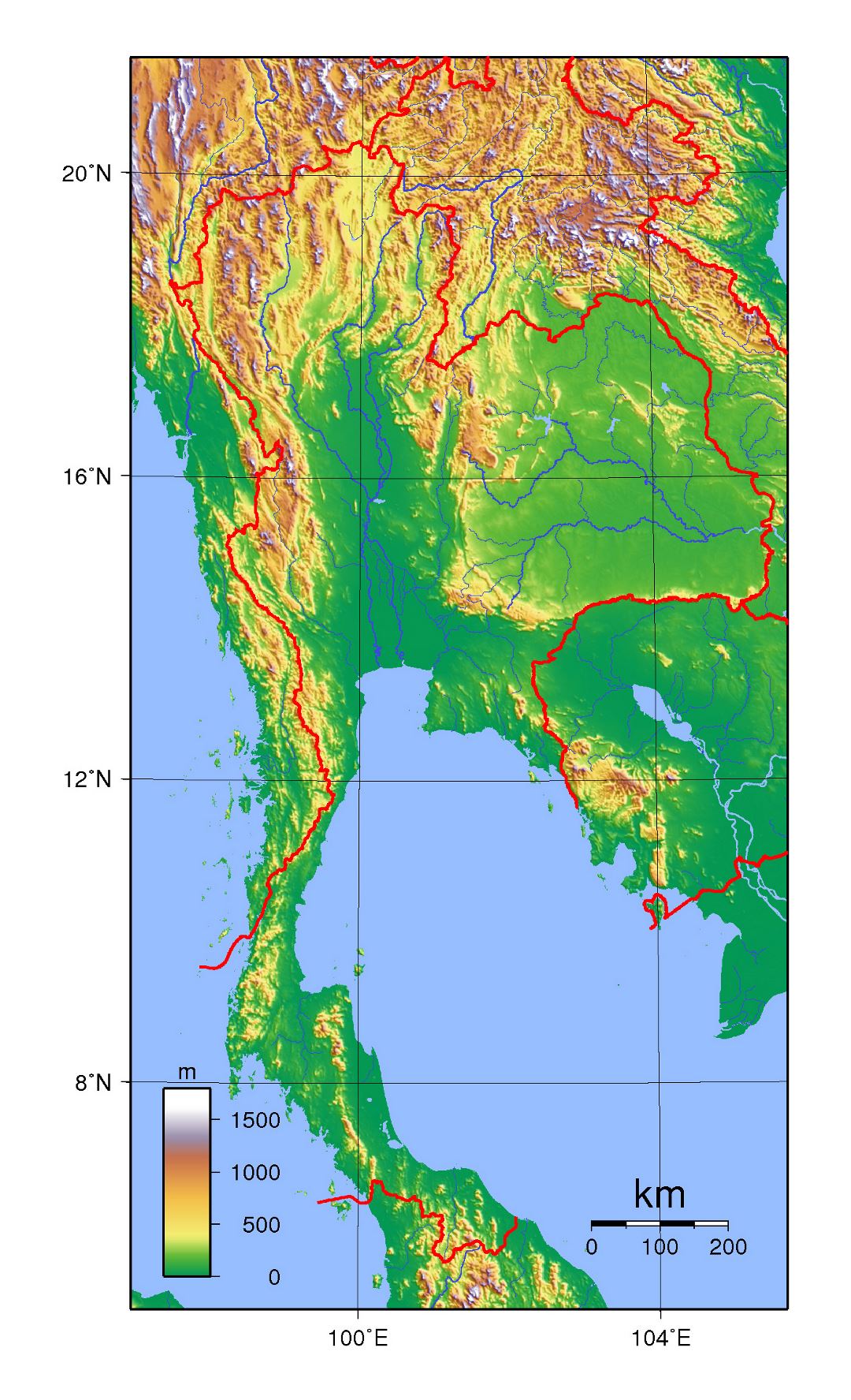 Detallado mapa topográfico de Tailandia
