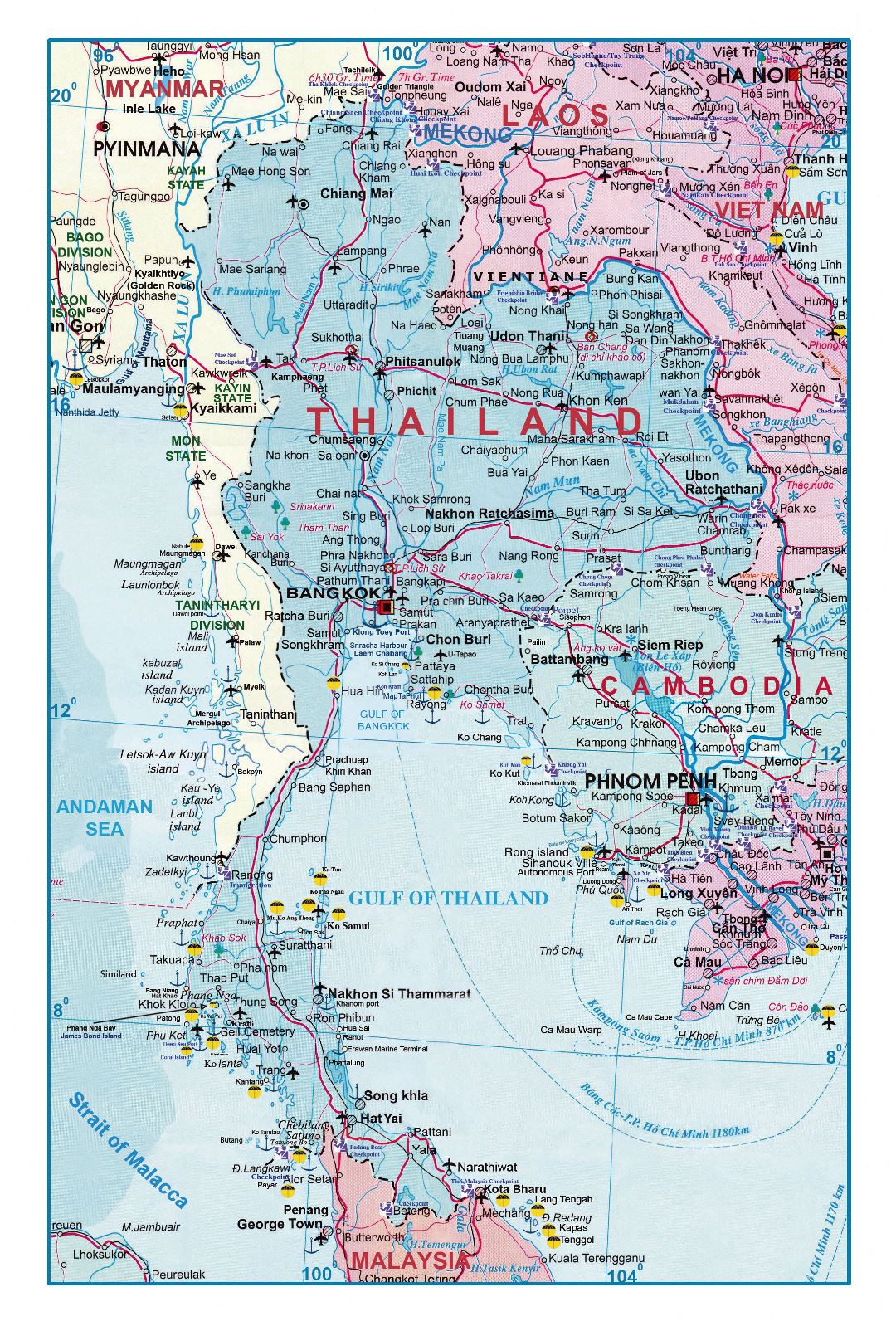 Grande detallado hoja de ruta de Tailandia con aeropuertos y otras marcas