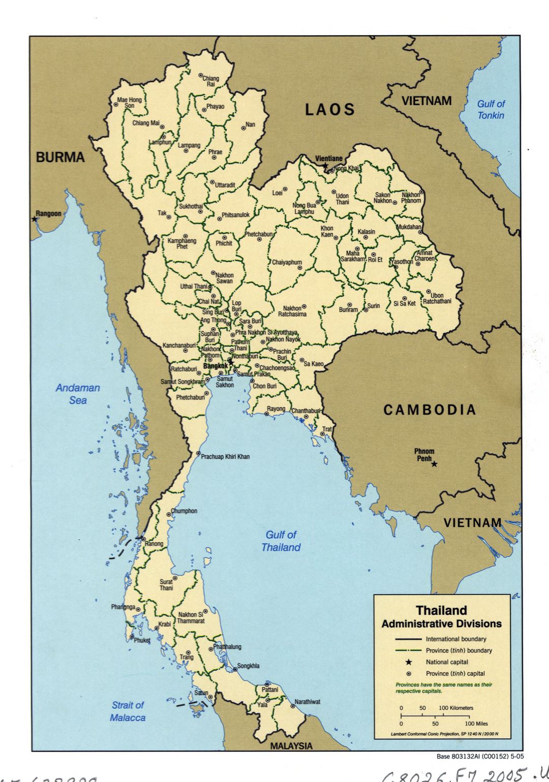 Grande detallado mapa de administrativas divisiones de Tailandia - 2005