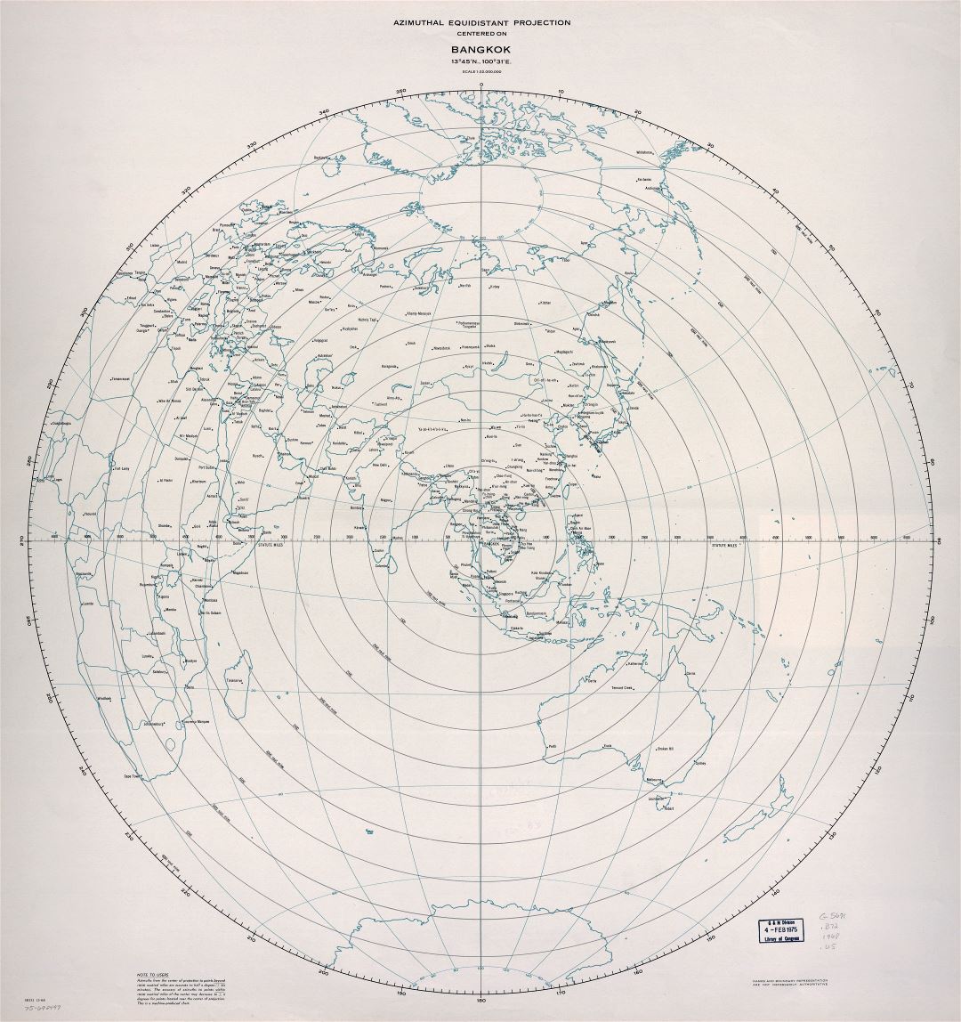 Grande detallado mapa de proyección equidistante azimutal centrado en Bangkok - 1968