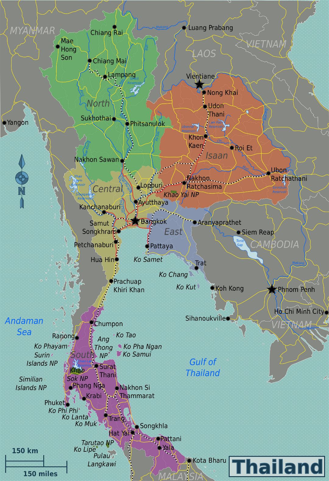 Grande detallado mapa de regiones de Tailandia