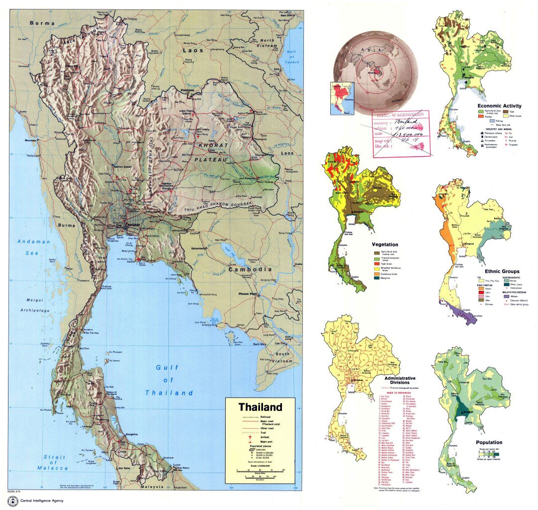 Grande detallado mapa del perfil del país de Tailandia - 1974