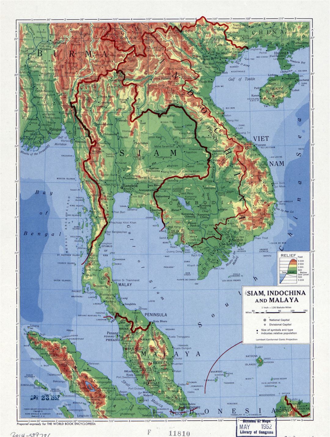 Grande detallado mapa físico de Siam, Indochina y Malaya - 1952