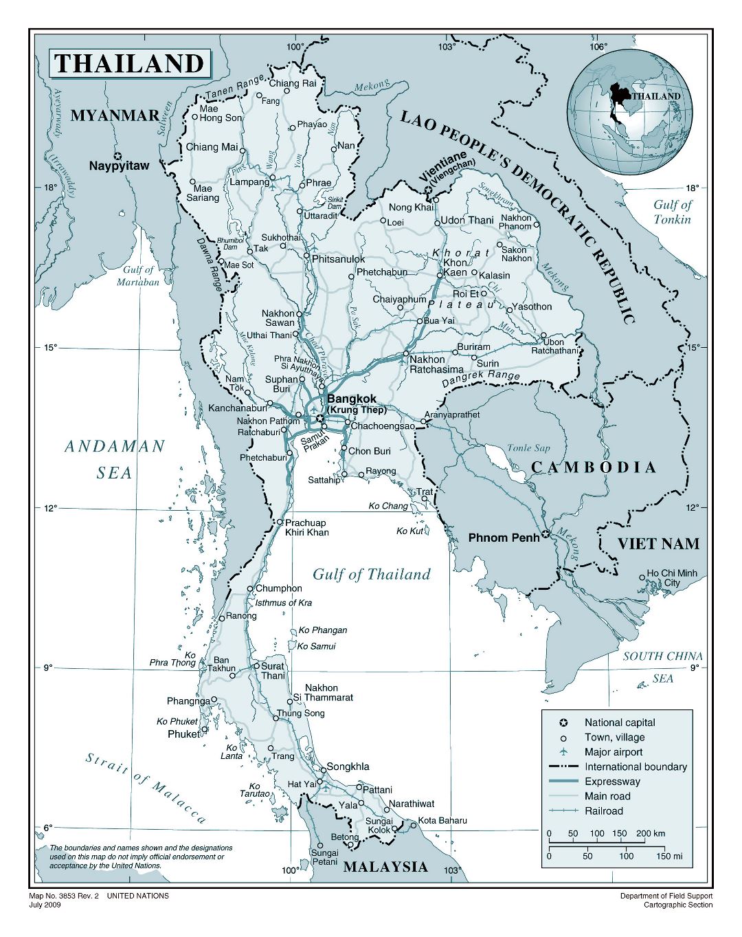 Grande detallado mapa político de Tailandia con carreteras, ferrocarriles, ciudades y aeropuertos