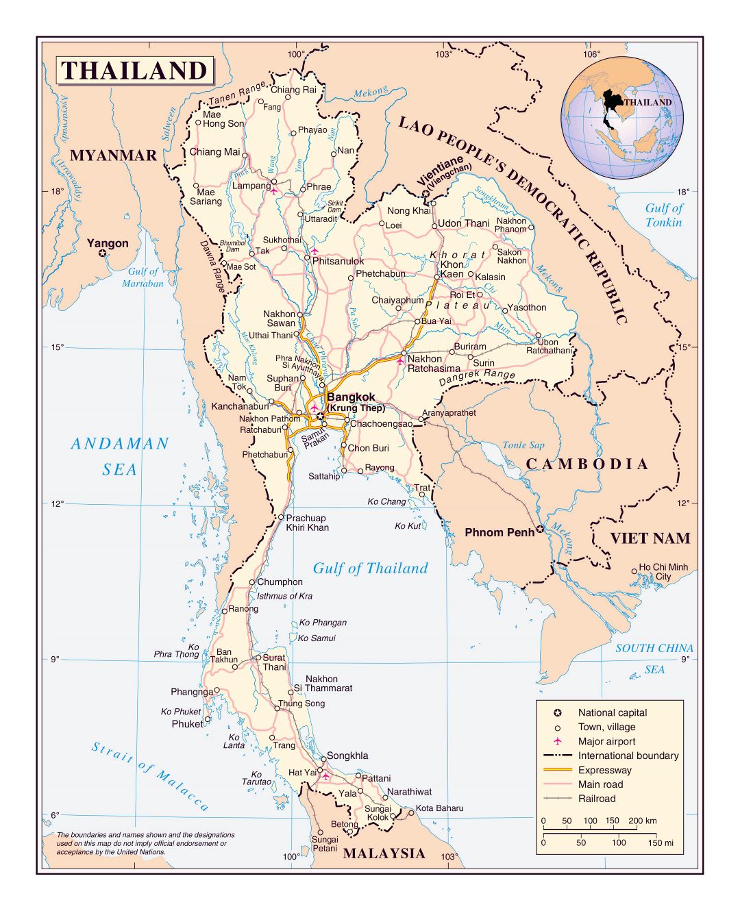 Grande detallado mapa político de Tailandia con carreteras, ferrocarriles, principales ciudades y aeropuertos