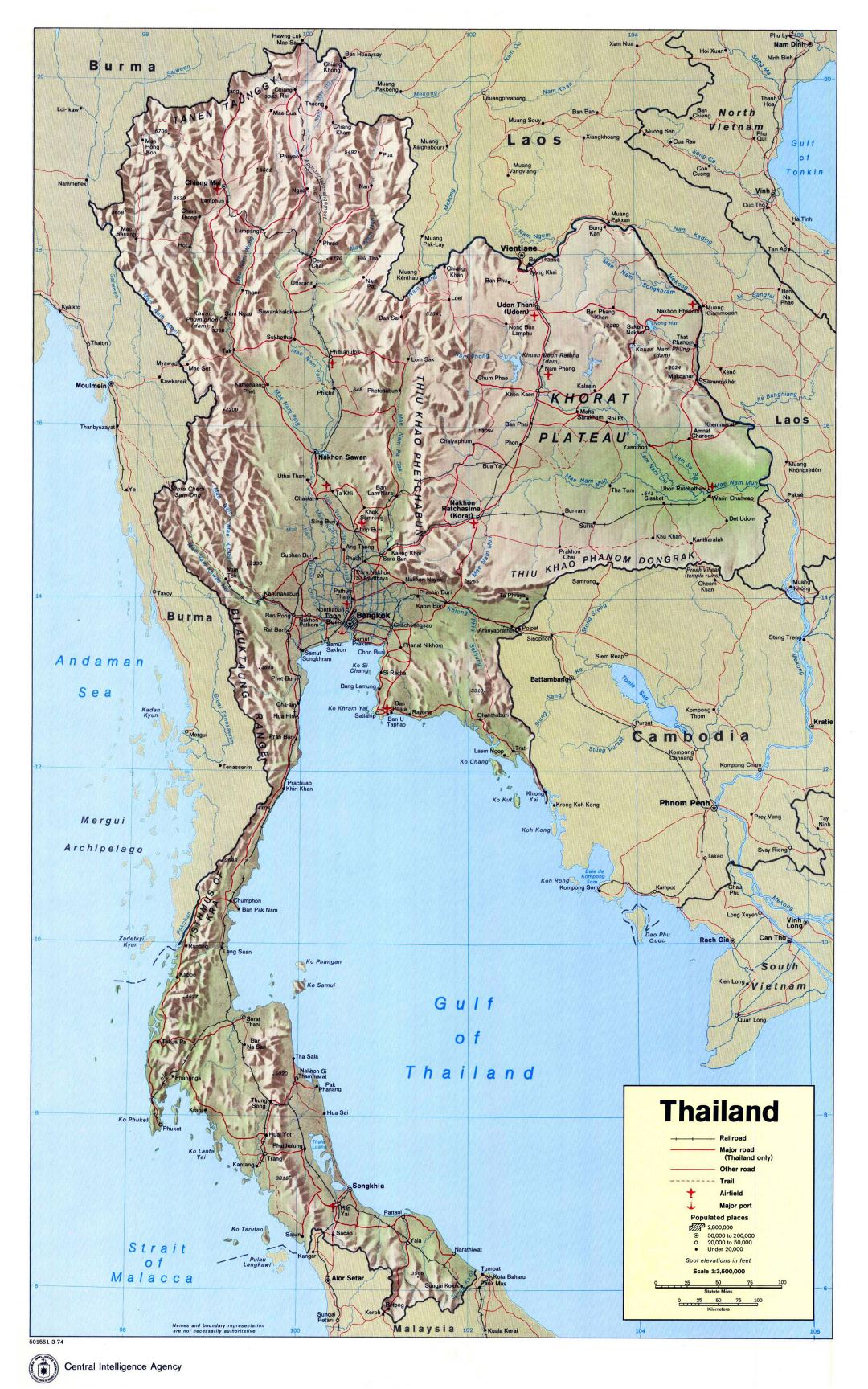 Grande detallado mapa político de Tailandia con socorro, carreteras, ferrocarriles, principales ciudades, aeropuertos y puertos marítimos - 1974