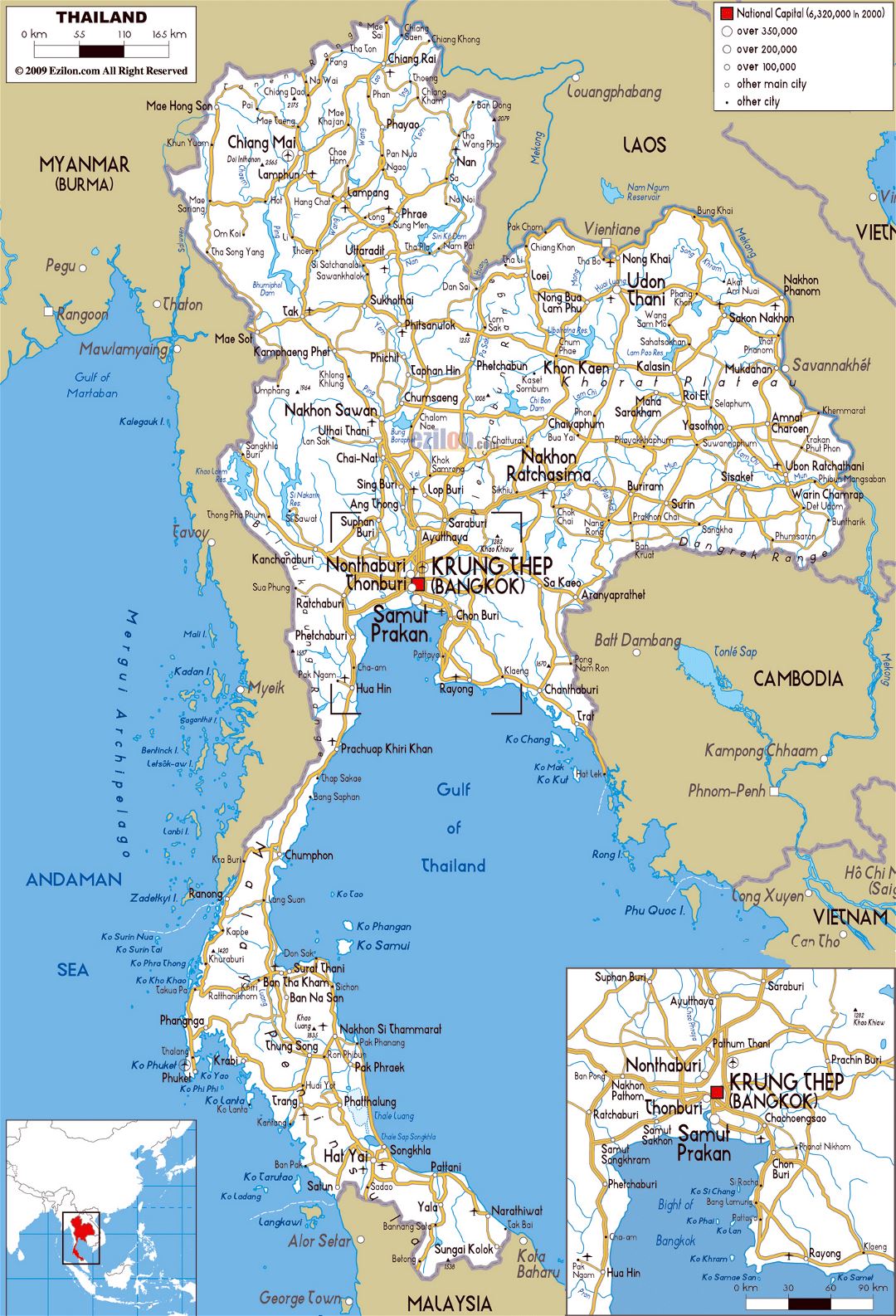Grande mapa de carreteras de Tailandia con ciudades y aeropuertos