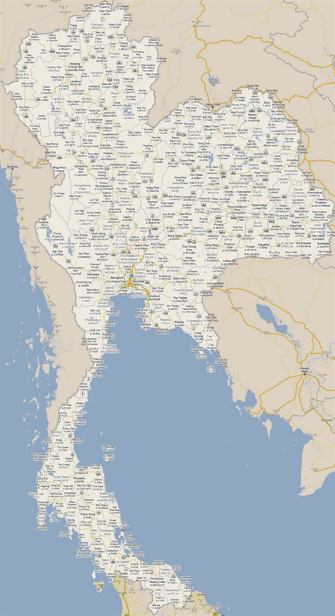 Grande mapa de carreteras de Tailandia con todas las ciudades