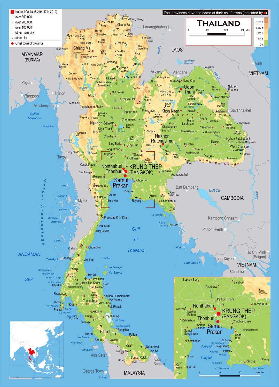 Grande mapa de elevación de Tailandia con carreteras, ciudades y aeropuertos