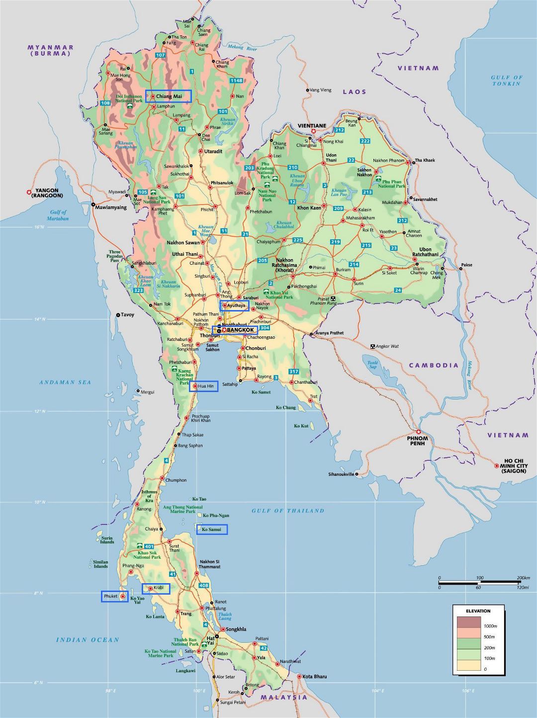 Grande mapa de elevación de Tailandia con otras marcas