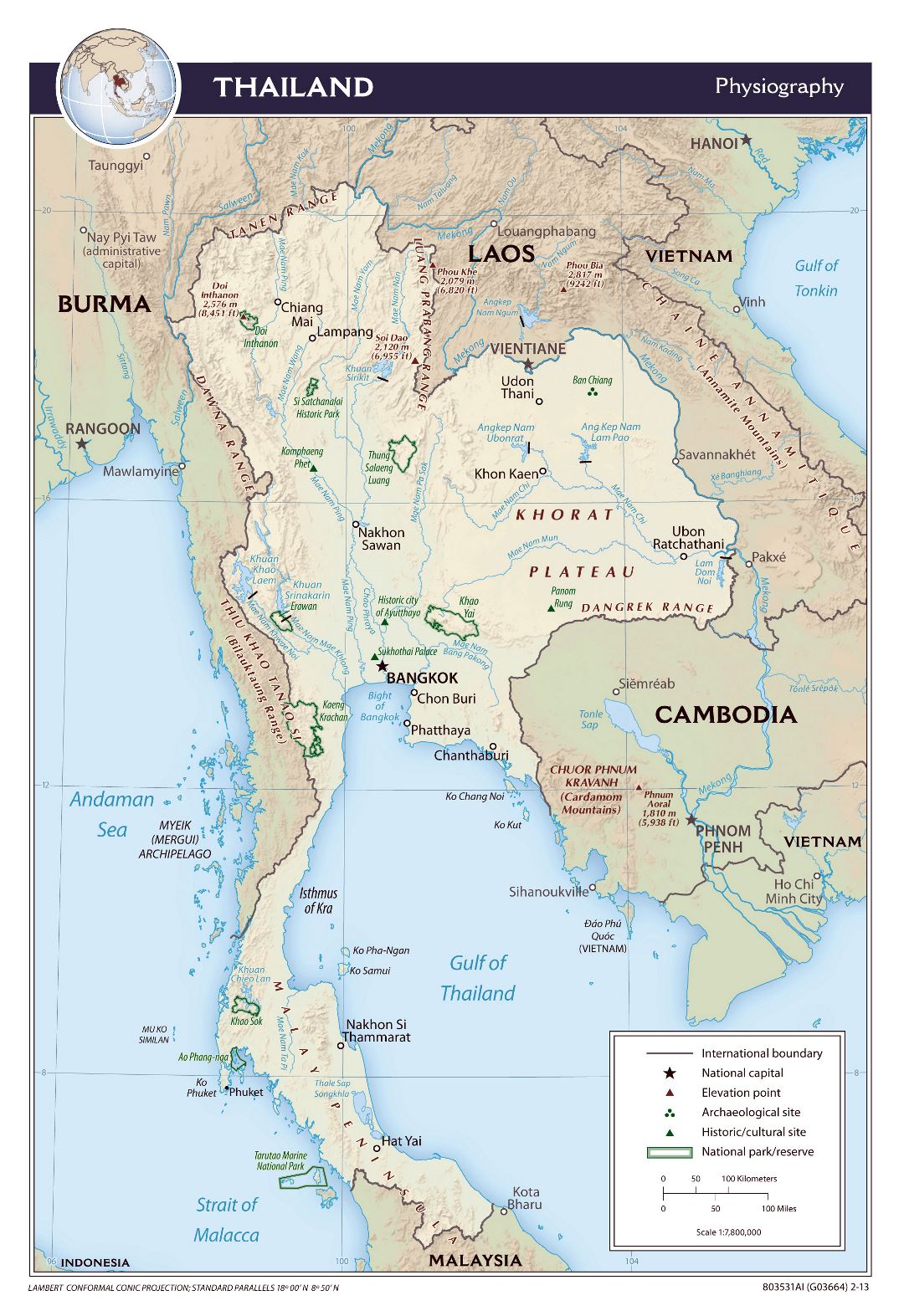 Grande mapa de fisiografía de Tailandia - 2013