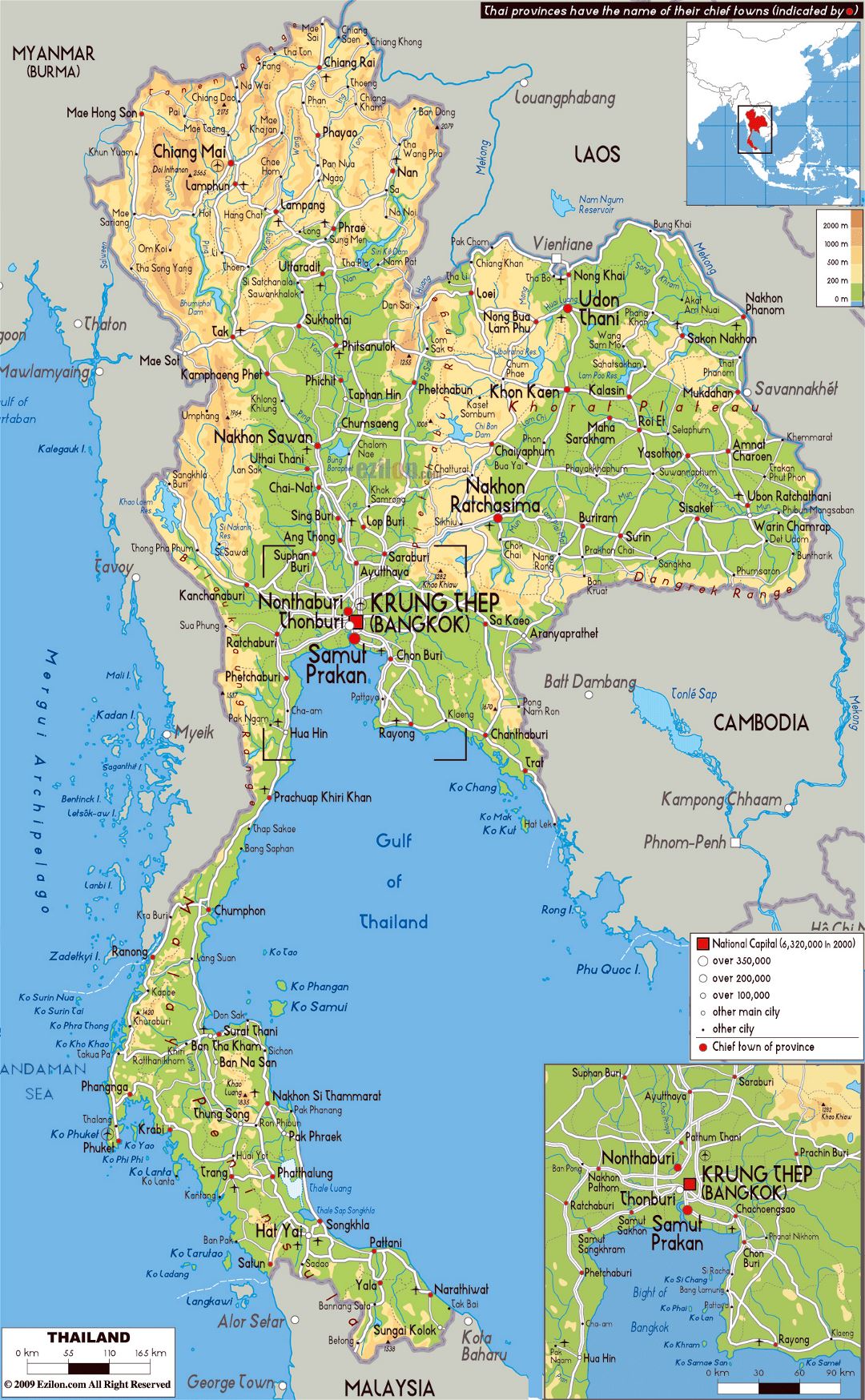 Grande mapa físico de Tailandia con carreteras, ciudades y aeropuertos