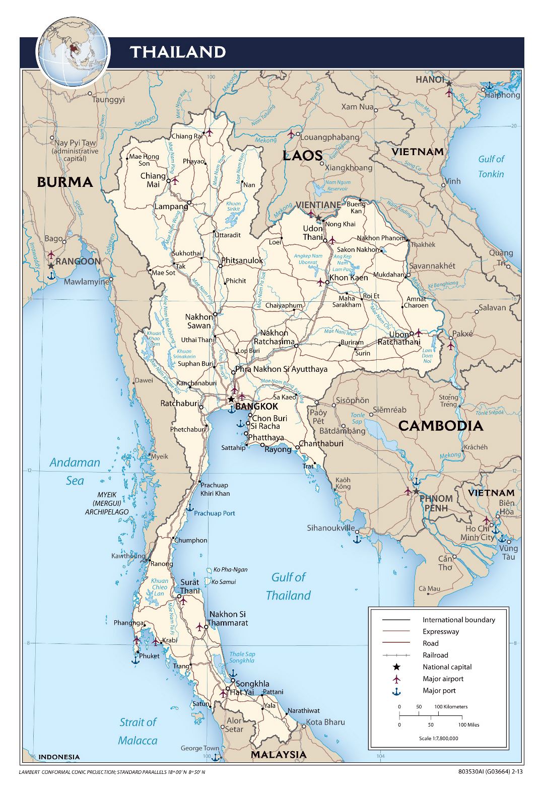 Grande mapa político de Tailandia con carreteras, ferrocarriles, principales ciudades, aeropuertos y puertos - 2013
