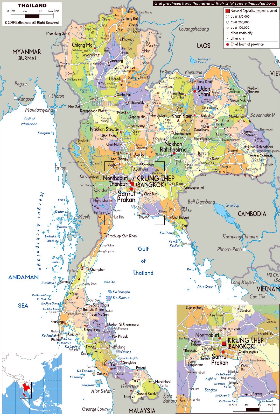 Grande mapa político y administrativo de Tailandia con carreteras, ciudades y aeropuertos