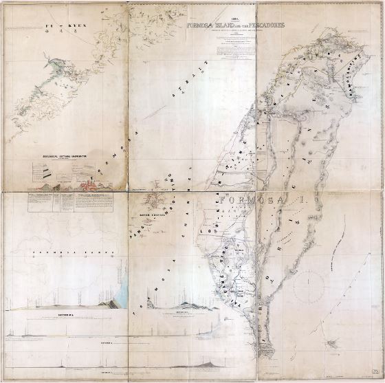 A gran escala detallado mapa antiguo de la isla de Formosa (Taiwán) y los pescadores - 1870