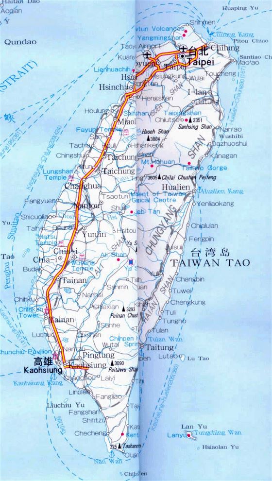 Detallado mapa de carreteras de Taiwán con ciudades y aeropuertos
