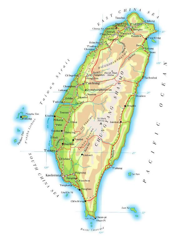Detallado mapa de elevación de Taiwán con carreteras, ferrocarriles, ciudades y aeropuertos