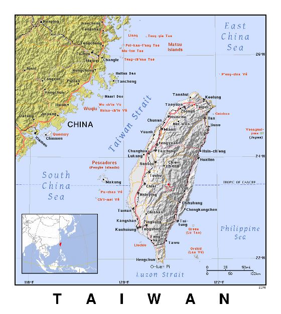 Detallado mapa político de Taiwán con relieve