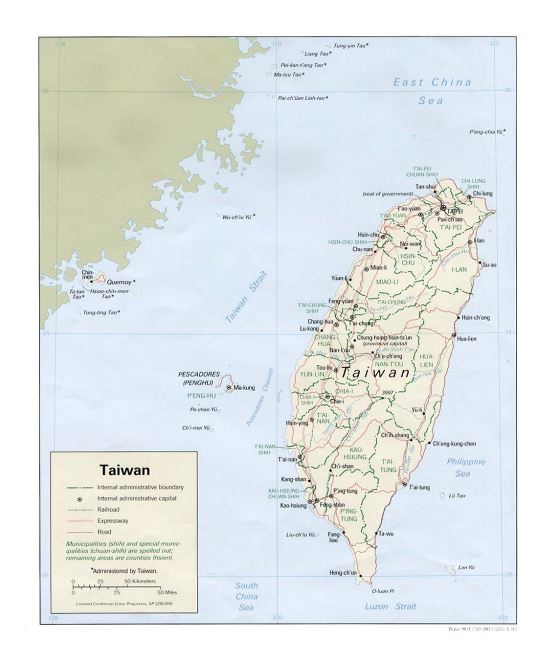 Detallado mapa político y administrativo de Taiwán con carreteras, ferrocarriles y principales ciudades - 1992