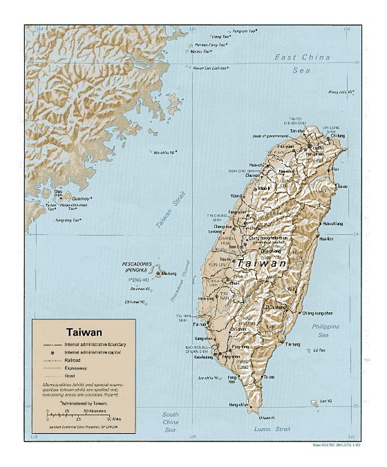 Detallado mapa político y administrativo de Taiwán con relieve, carreteras, ferrocarriles y principales ciudades - 1992