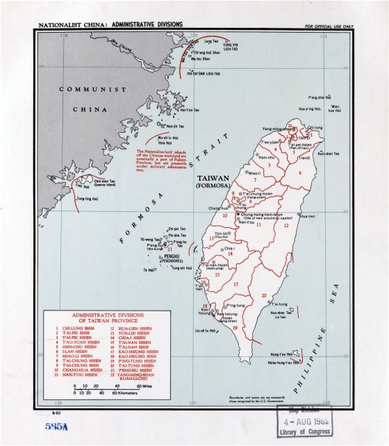 Grande detallado mapa de administrativas divisiones de Taiwán - 1962