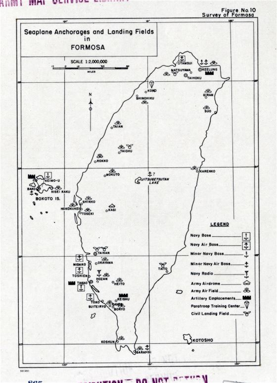 Grande detallado mapa de anclajes de hidroaviones y campos de aterrizaje en Formosa - 195x