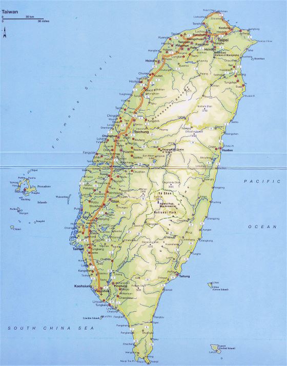 Grande detallado mapa de carreteras y elevaciones de Taiwán con todas ciudades y otras marcas