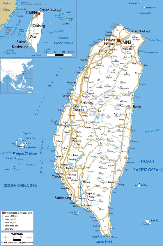 Grande mapa de carreteras de Taiwán con ciudades y aeropuertos