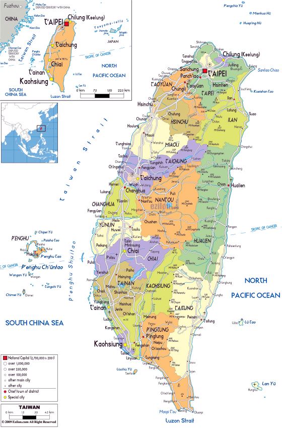 Grande mapa político y administrativo de Taiwán con carreteras, ciudades y aeropuertos