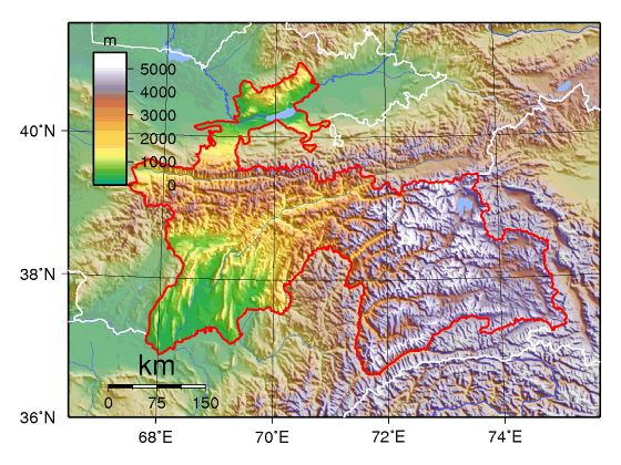 Detallado mapa físico de Tayikistán