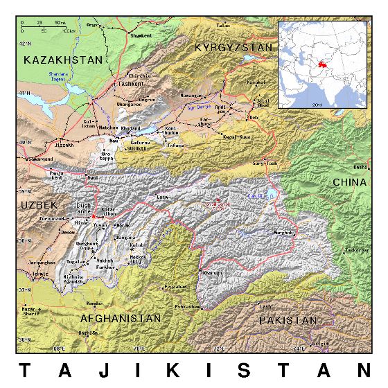 Detallado mapa político de Tayikistán con relieve