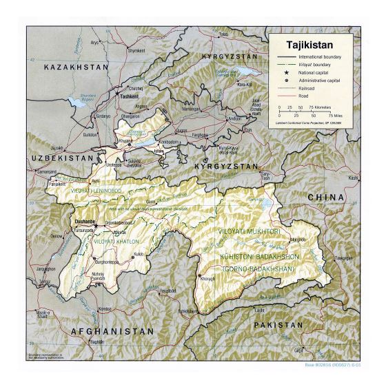Detallado mapa político y administrativo de Tayikistán con relieve, carreteras, ferrocarriles y principales ciudades - 2001