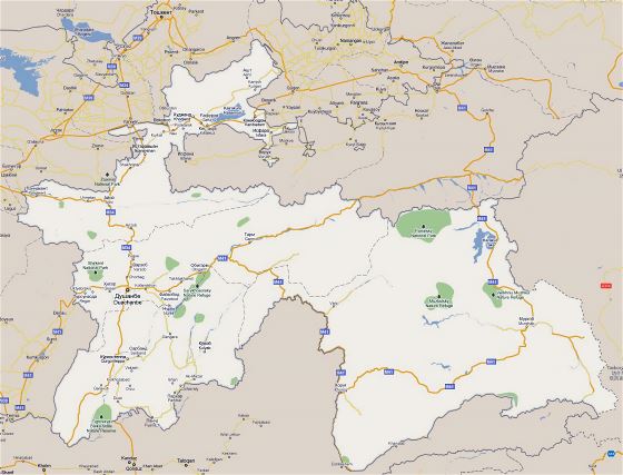 Grande carreteras mapa de Tayikistán con parques nacionales y ciudades