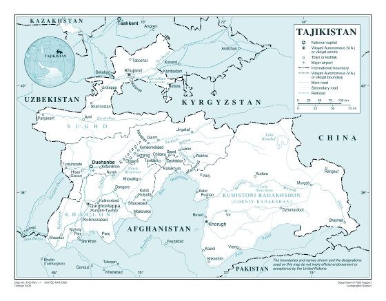 Grande detallado mapa político y administrativo de Tayikistán con carreteras, ferrocarriles, todas ciudades y aeropuertos