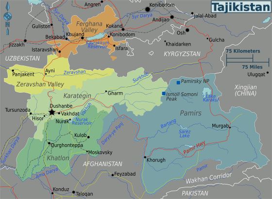 Grande mapa de regiones de Tayikistán