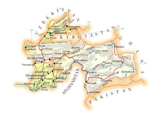 Mapa de elevación de Tayikistán con carreteras, ferrocarriles, ciudades y aeropuertos