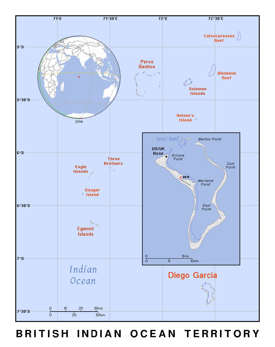 Detallado mapa político del Territorio Británico del Océano Índico