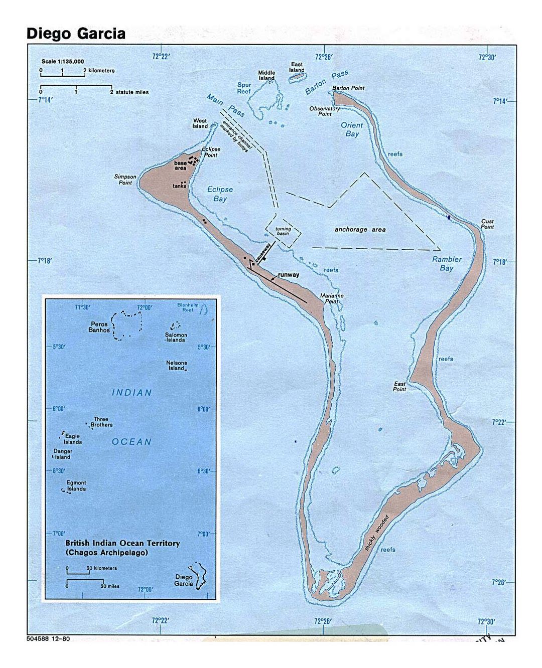 Detallado mapa de isla Diego García - 1980