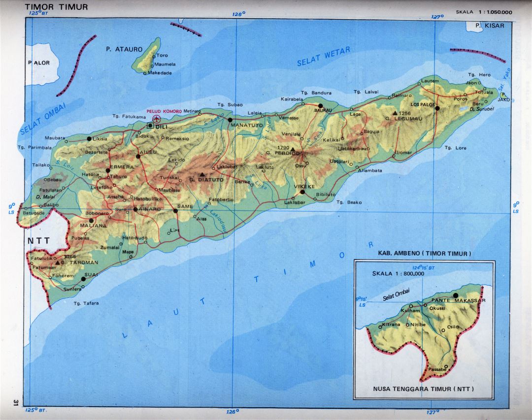 A gran escala mapa de elevación de Timor Oriental con carreteras, ciudades y aeropuertos