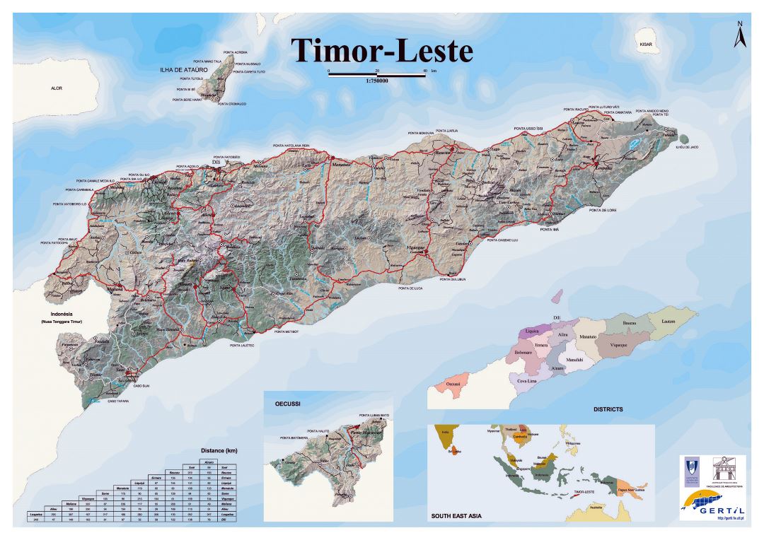 Detallado mapa de Timor Oriental con relieve, carreteras y ciudades