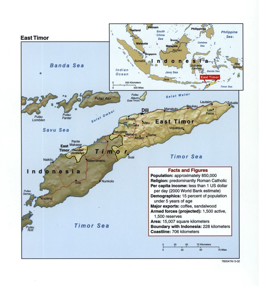 Grande detallado mapa político de Timor Oriental con socorro, carreteras y principales ciudades - 2002