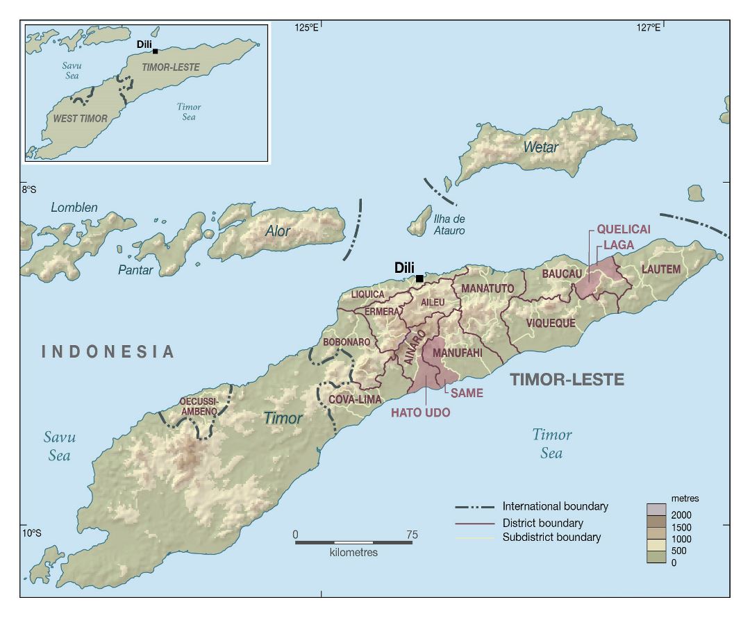 Grande mapa administrativo de Timor Oriental con relieve